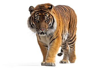 Obraz premium A tiger walks forward with power and intent against a clean background.