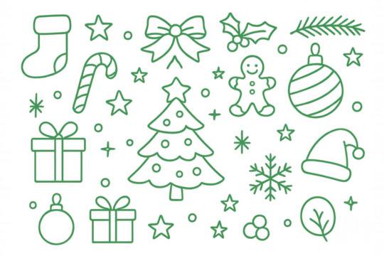 Christmas holiday symbols line art pattern, festive green outline icons for winter celebration designs on transparent background