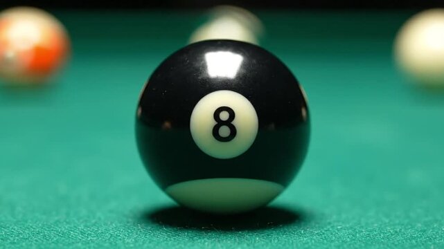 Close-up of a black 8 ball on a green pool table with colorful balls in the background.