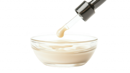 A close-up view of a dropper releasing a creamy serum into a glass bowl. a minimalist aesthetic with a soft background. ideal for skincare product promotion and beauty industry applications