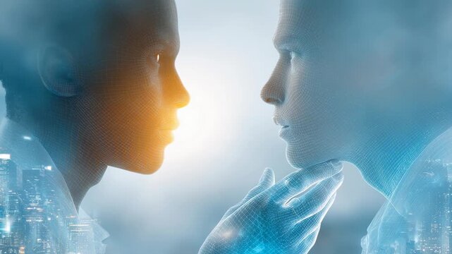 An artistic representation of connection. two figures touch each other and they are enveloped by digital texture, symbolizing unity in a world defined by modern technology.