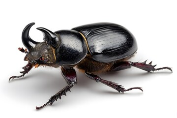 A rhinoceros beetle shows its horns while crawling on a white surface.