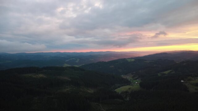 aerial view of a beautiful mountain landscape, czech, beskydy, autumn morning, evning, sun, 