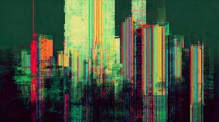 Abstract colorful city with glitch art, great for urban and creative use.