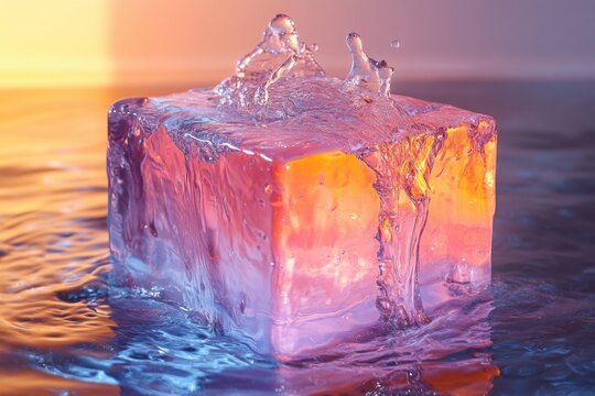 Melting ice cube with colorful light reflections and water splash - Powered by Adobe