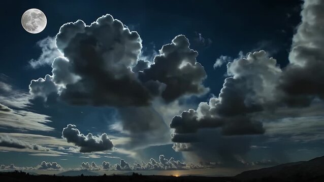 Oppressive and Somber Storm Clouds in Deep Blue-Green Tinted Dramatic Nocturnal Atmosphere Preceding Tempest