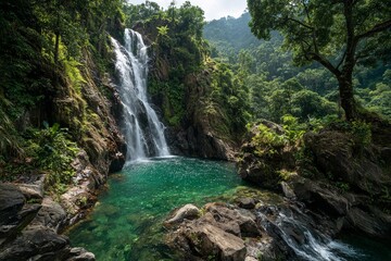 Naklejka premium Majestic Waterfall Cascading in a Lush Jungle Paradise With Tranquil Pools Generative AI