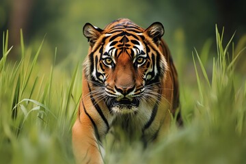 Obraz premium Bengal tiger walks directly toward the viewer, moving through tall green grass in a tropical jungle environment