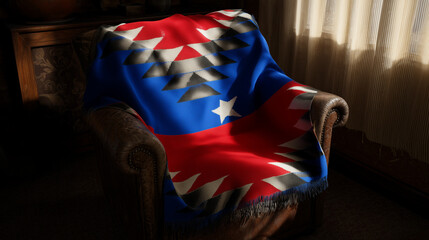 poncho. Finely woven poncho with geometric patterns in national colors, draped over a weathered leather chair. event programs.
