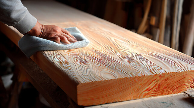 Guqin making craftsman polishing cedar wood with sandpaper in workshop with smooth wood grain and traditional measuring tools.