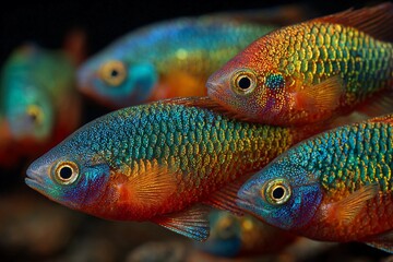 Colorful Glowing Fish Swimming Gracefully in Dark Waters Generative AI