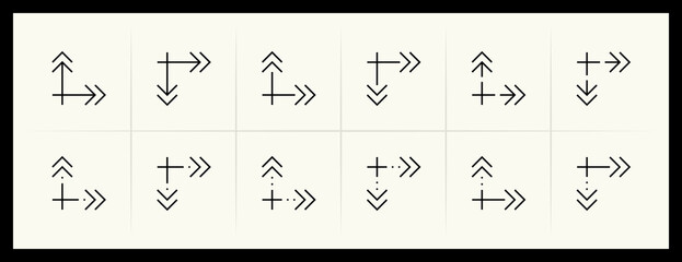 Arrow icon set. Different direction arrows, direction, navigation, right curved, forward, upward, upward, turn right and more.