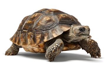 Obraz premium A tortoise walks forward on a white background.