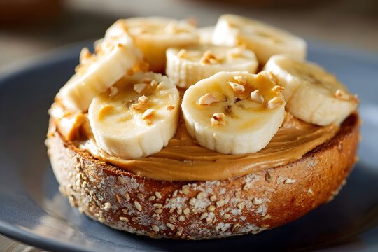 Bagel with peanut butter and banana slices offers a wholesome breakfast.