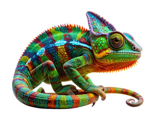Obraz premium Colorful Chameleon Side Profile with Curled Tail, Isolated on White Background 