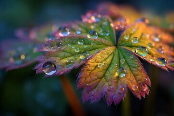 Dew Drops Sparkle on Vibrant Leaves at Dawn, Capturing Nature's Beauty Generative AI