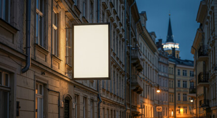 A blank white sign hangs from a building on a European street at dusk, with warm lights illuminating the facade and a distant church spire.