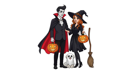 Halloween Enchantment: A captivating illustration of a vampire and a witch, each carrying a carved pumpkin, embodying the magical essence of the season, accompanied by a friendly ghost and broom