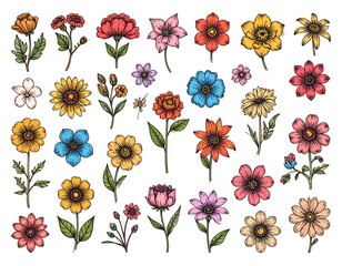 Collection of colorful hand-drawn flowers
