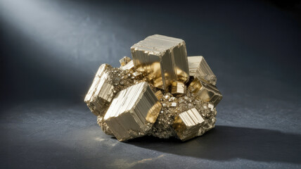 A cluster of metallic, cubic pyrite crystals, also known as fool's gold, displayed against a dark, subtly lit background.