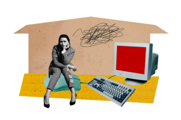 Composite photo collage of sad tired businesswoman remote work home pc monitor office tool mouse keyboard isolated on painted background