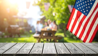 Outdoor picnic table with family and American flag