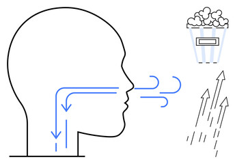 Side view of a human head diagram with airflow arrows, popcorn container, and upward motion lines. Ideal for health, respiration, digestion, cinema, fun lifestyle education. Simple flat metaphor