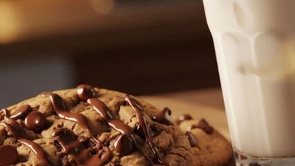 Close up of a chocolate chip cookie and a glass of milk on a table - Powered by Adobe