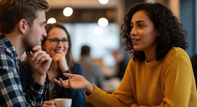 A diverse group of friends enjoying conversation and coffee at a bustling cafe, capturing a moment of connection and warmth