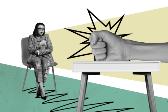 Composite photo collage of panic scared businesswoman hold ipad device boss hand fist boom table work abuse isolated on painted background