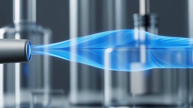 Micro-thruster plume in xenon, sapphire feather blooms from a neutral nozzle and folds into laminar grace