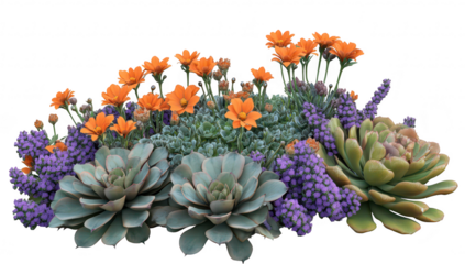 A arrangement of orange daisies. purple flowers. and lush green succulents. a beautiful floral display. perfect for garden decoration or nature-themed projects