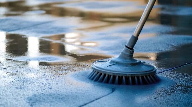 A close-up shot of a broom lying on a wet surface