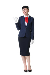 Beautiful stewardess showing something on white background