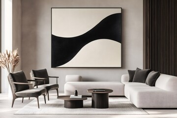 Stylish minimalist living room with abstract painting, featuring modern furniture and decor, creating a sophisticated and relaxing atmosphere