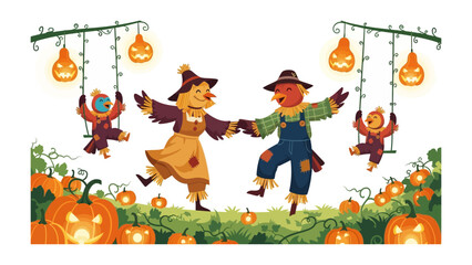Autumnal Merriment: In a vibrantly illustrated fall scene, a whimsical scarecrow couple dances joyfully amidst playful swings adorned with jack-o'-lanterns.