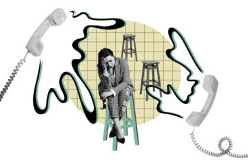 Composite photo collage of upset tired businesswoman sit chair operator call canter worker handset helpline isolated on painted background