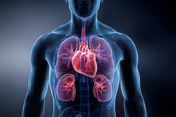 Human anatomy shows the heart lungs and kidneys pulsing with life.