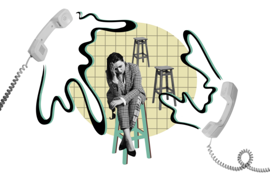 Composite photo collage of upset tired businesswoman sit chair operator call canter worker handset helpline isolated on painted background