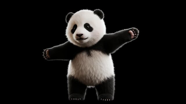 The adorable panda cub, showcasing playful gestures, stands against a deep black backdrop, creating a visually striking and appealing image.