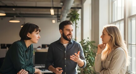 Diverse colleagues collaborating and discussing business ideas in a modern office setting near a window