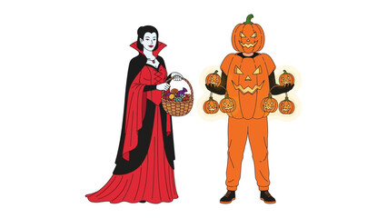 Halloween Celebrations: Two figures dressed in a vampire costume and a pumpkin suit on a backdrop. Embodying the spooky season with playful imagery.