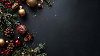 黒背景のクリスマス装飾と松ぼっくり
