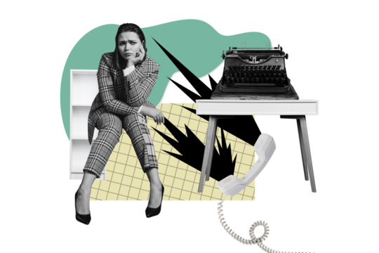 Composite photo collage of upset tired businesswoman sit telephone call typewriter multitask work exhaustion isolated on painted background
