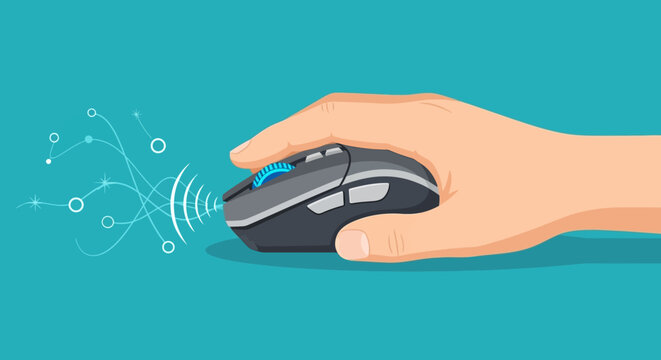 A human hand holding a modern wireless computer mouse with blue accents, showing wireless signals on a teal background.