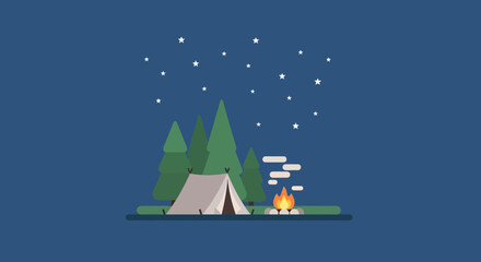 A minimalist illustration of a tent and campfire in a forest at night under the stars.