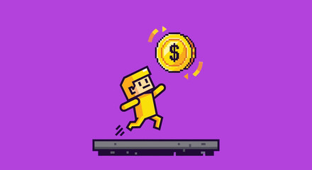 A pixel art character in yellow jumpsuits running to collect a golden coin with a dollar sign on a purple background.