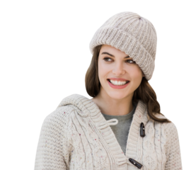 Beautiful young woman winter portrait isolated in transparent PNG, Smiling student girl wearing warm clothes over white background looking away to copyspace