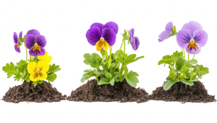 Vibrant pansy flowers in various colors. planted in rich soil. growth stages. with a clean white background emphasizing their beauty. perfect for gardening or floral-themed projects