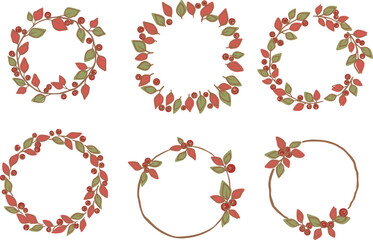 Green and pink leaves and wild berry wreath for decoration on nature and Christmas ornament.